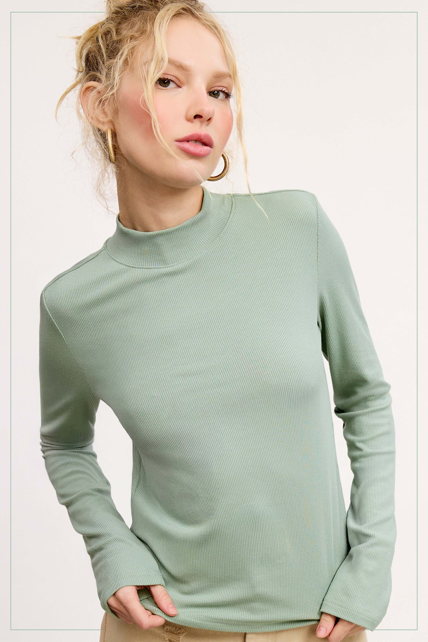 Sage Ribbed Mock Neck Top