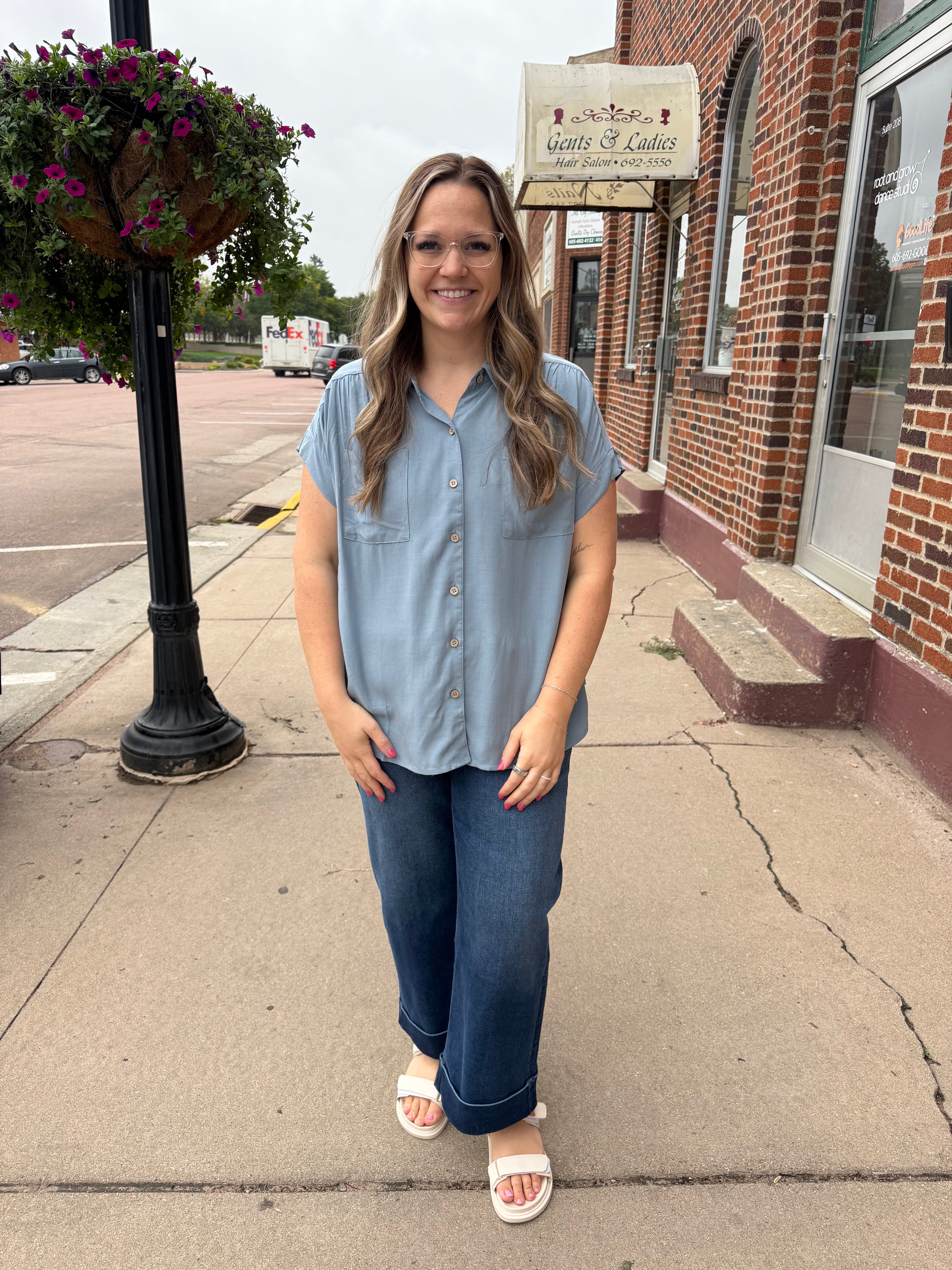 Della Button Down Top