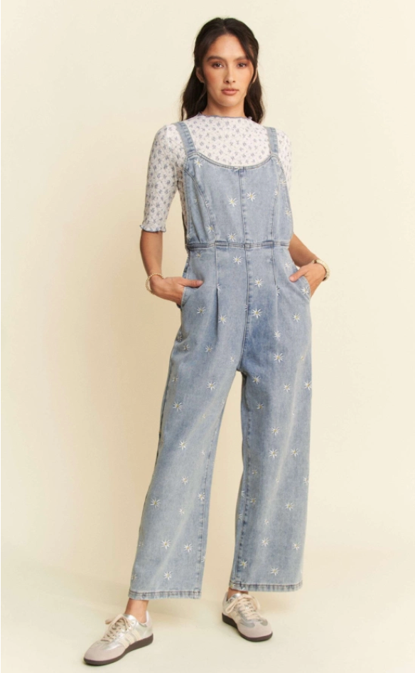 Daisy Embroidered Denim Overalls