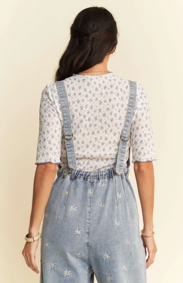 Daisy Embroidered Denim Overalls