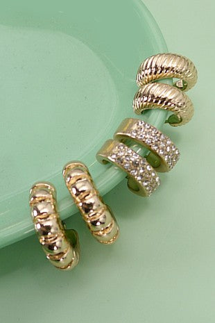 Hypoallergenic: Rhinestone Huggie 3 Piece  Set