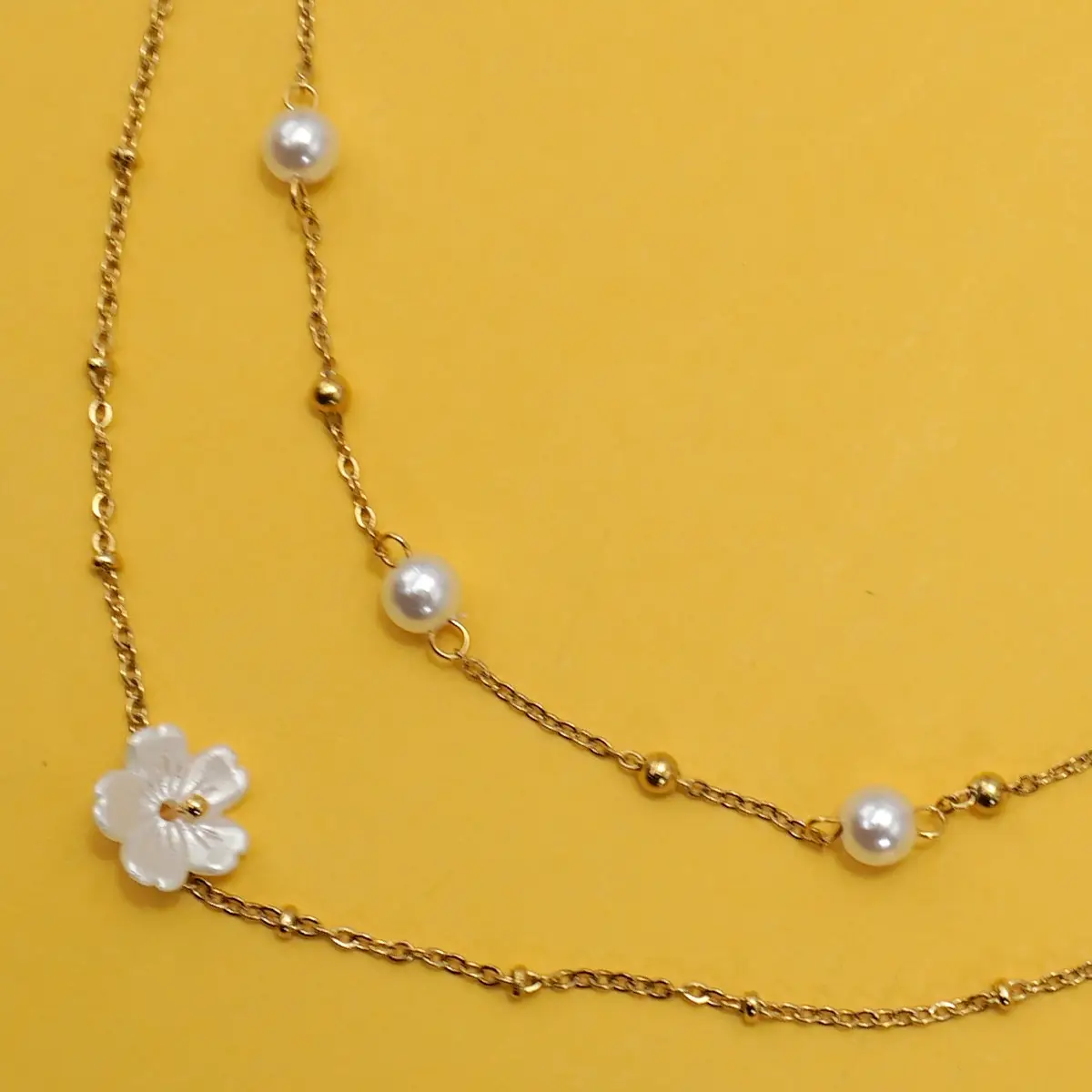 Hypoallergenic: 18K SS Pearl Flower Layered  Necklace