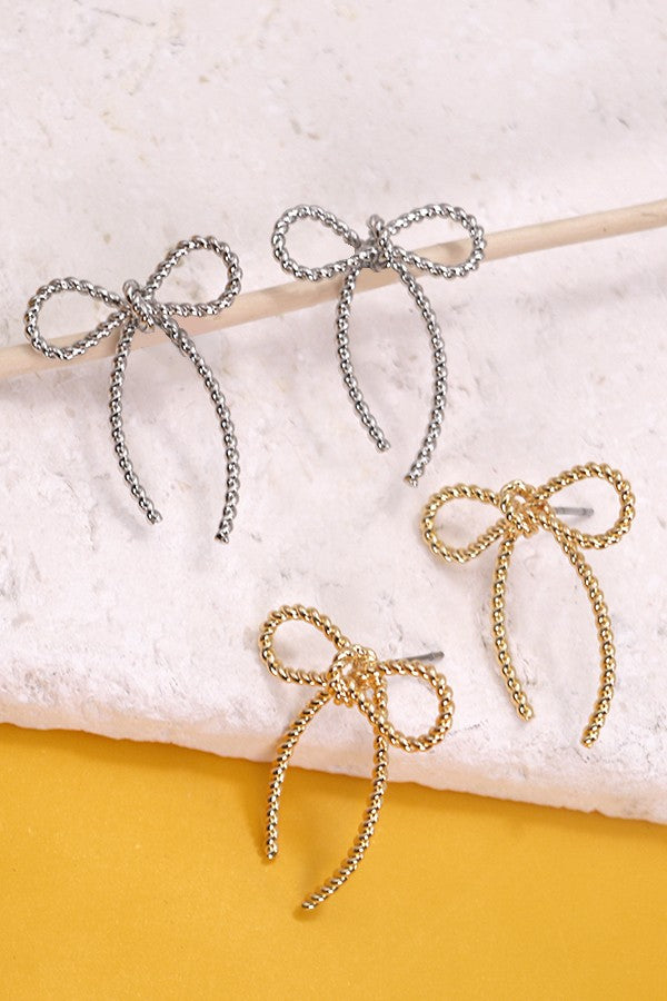 Rope Bow Stud Earrings - Gold + Silver