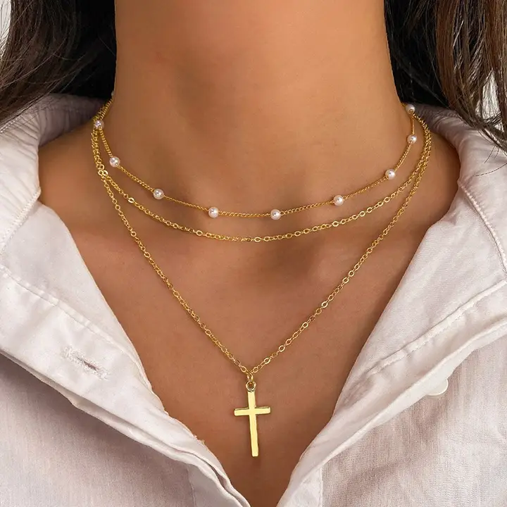 Hypoallergenic Pearl Cross Layered Necklace