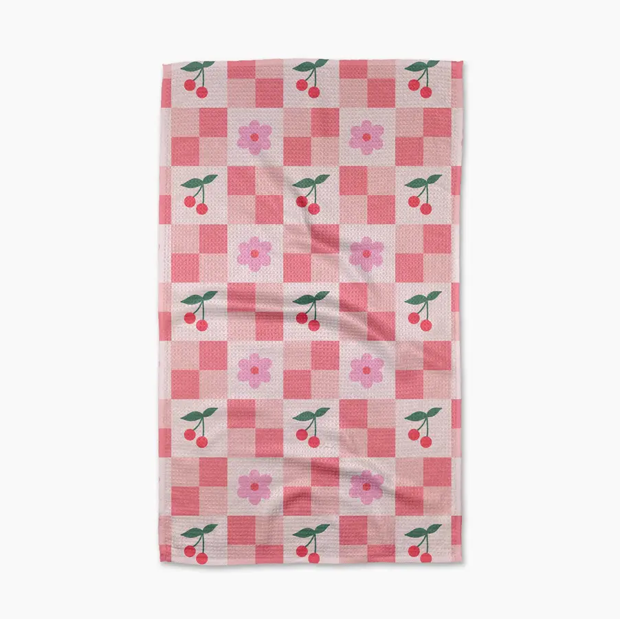 Geometry Floral and Cherries Tea Towel