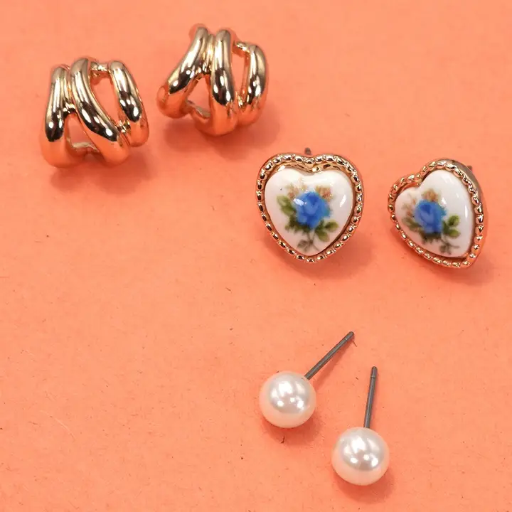 Hypoallergenic: Heart Floral Earring Trio