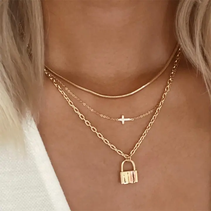 Hypoallergenic: Layered Cross and Lock Necklace