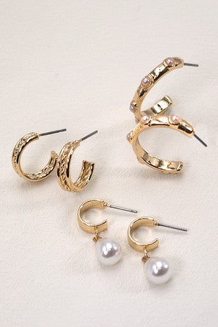 Trio Hoop Pearl Earrings